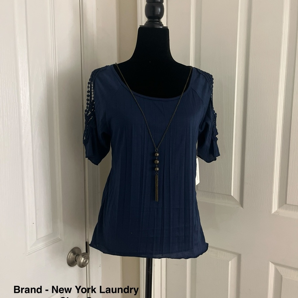 New York Laundry Navy Cold-Shoulder Short Sleeve Top with Lace Trim